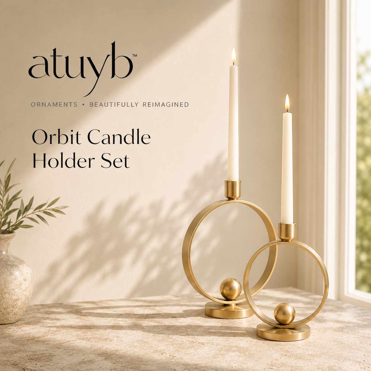 atuyb Orbit Candle Holder Set in brushed warm gold with taper candles