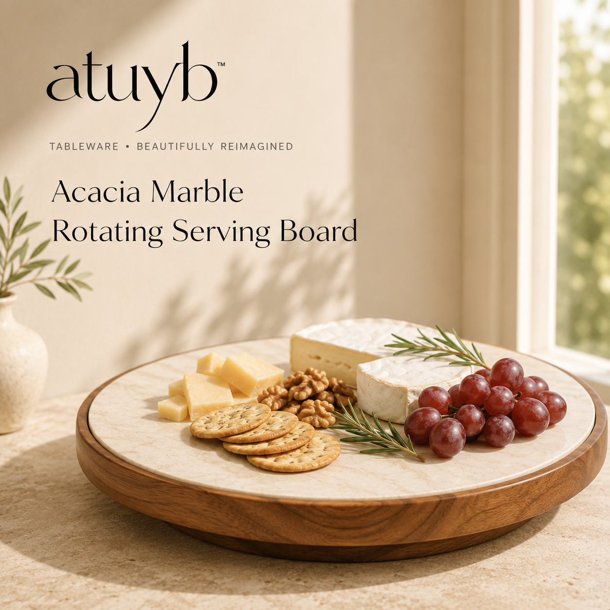 atuyb Acacia Marble Rotating Serving Board with cheese and grapes
