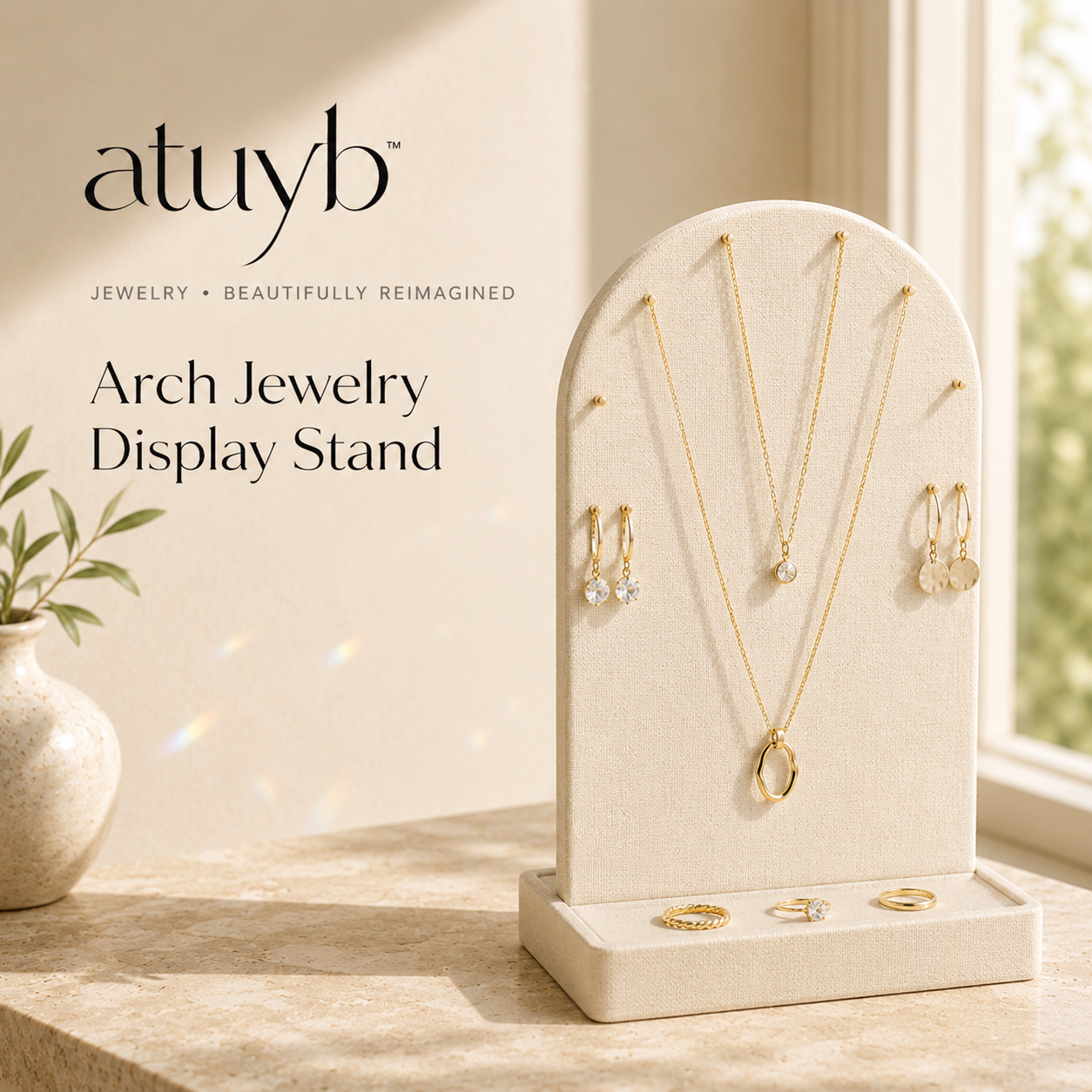 atuyb Arch Jewelry Display Stand holding gold necklaces earrings and rings