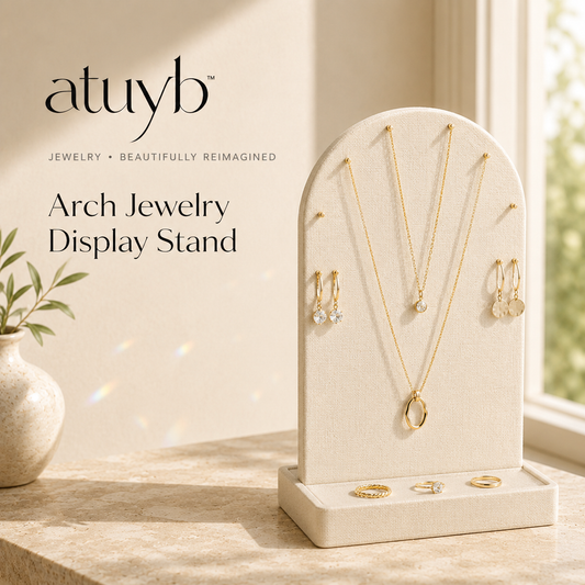 atuyb Arch Jewelry Display Stand holding gold necklaces earrings and rings
