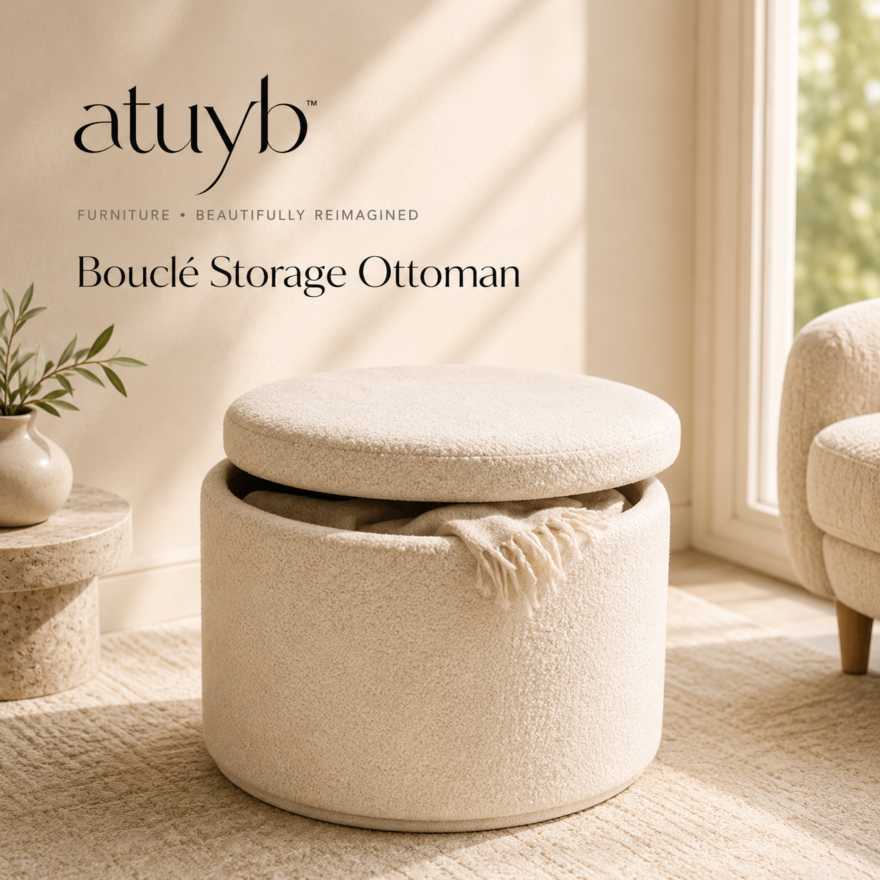 atuyb Boucle Storage Ottoman with removable cushioned lid