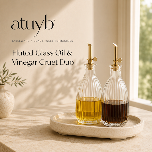 atuyb Fluted Glass Oil and Vinegar Cruet Duo with gold pour spouts