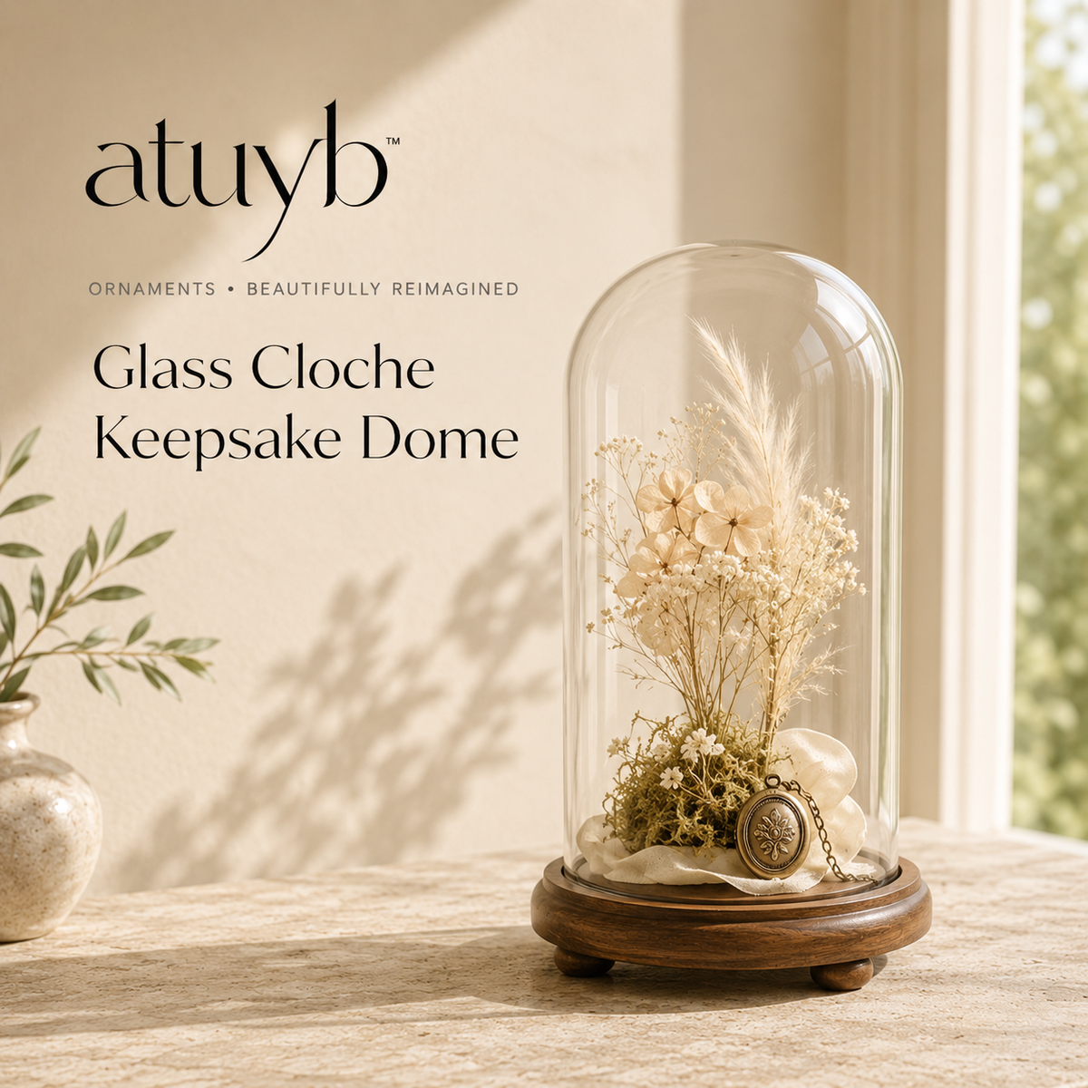 atuyb Glass Cloche Keepsake Display Dome with dried flowers on a wood base