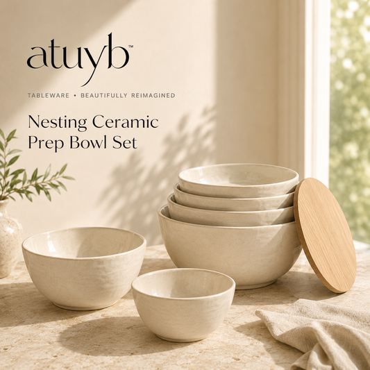 atuyb Nesting Ceramic Prep Bowl Set with natural oak lid