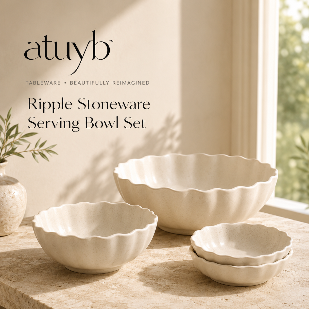 atuyb Ripple Stoneware Serving Bowl Set in a warm neutral kitchen setting