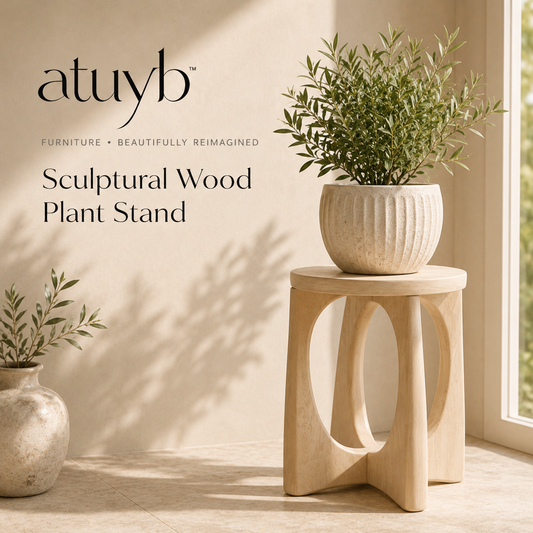 atuyb Sculptural Wood Plant Stand with a neutral ceramic planter