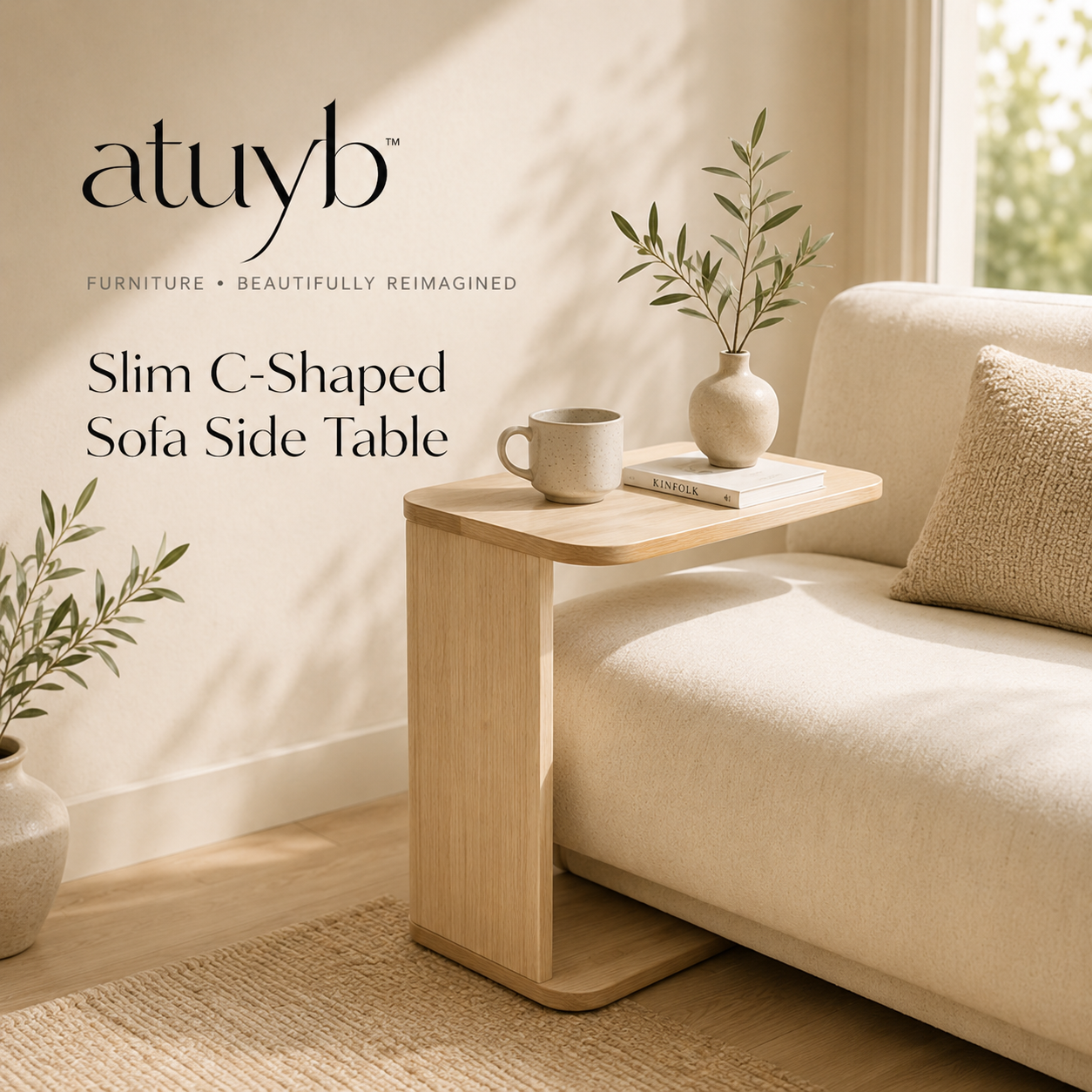 atuyb Slim C-Shaped Sofa Side Table beside a neutral sofa