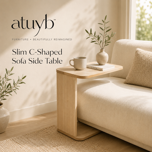 atuyb Slim C-Shaped Sofa Side Table beside a neutral sofa